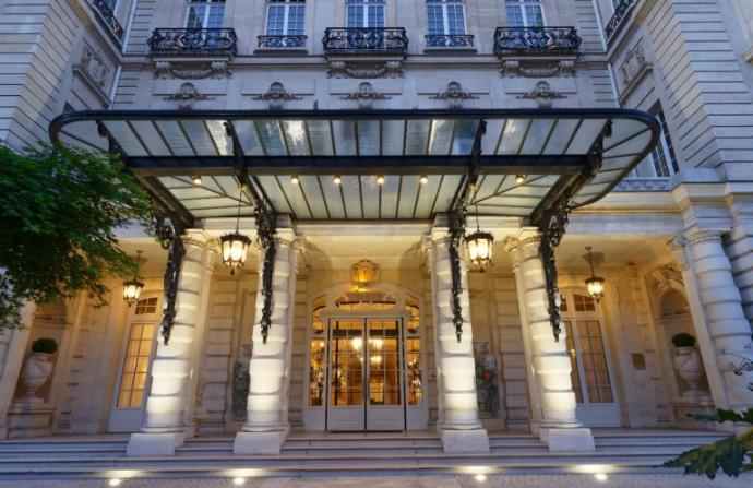 Entrance of a magnificent palace hotel at nightfall